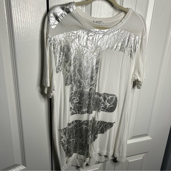 Helmut Lang Mens Rare Silver Printed White Tshirt Size Large Designer - Picture 2 of 5